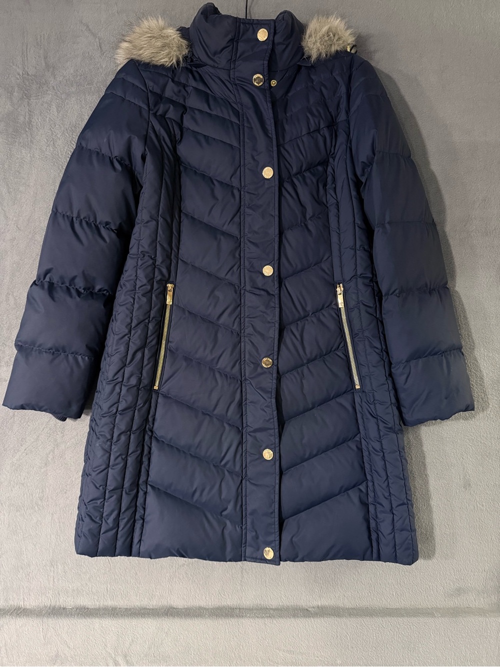 Anne Klein - Navy Quilted Long Down Puffer Coat with Faux Fur Trim